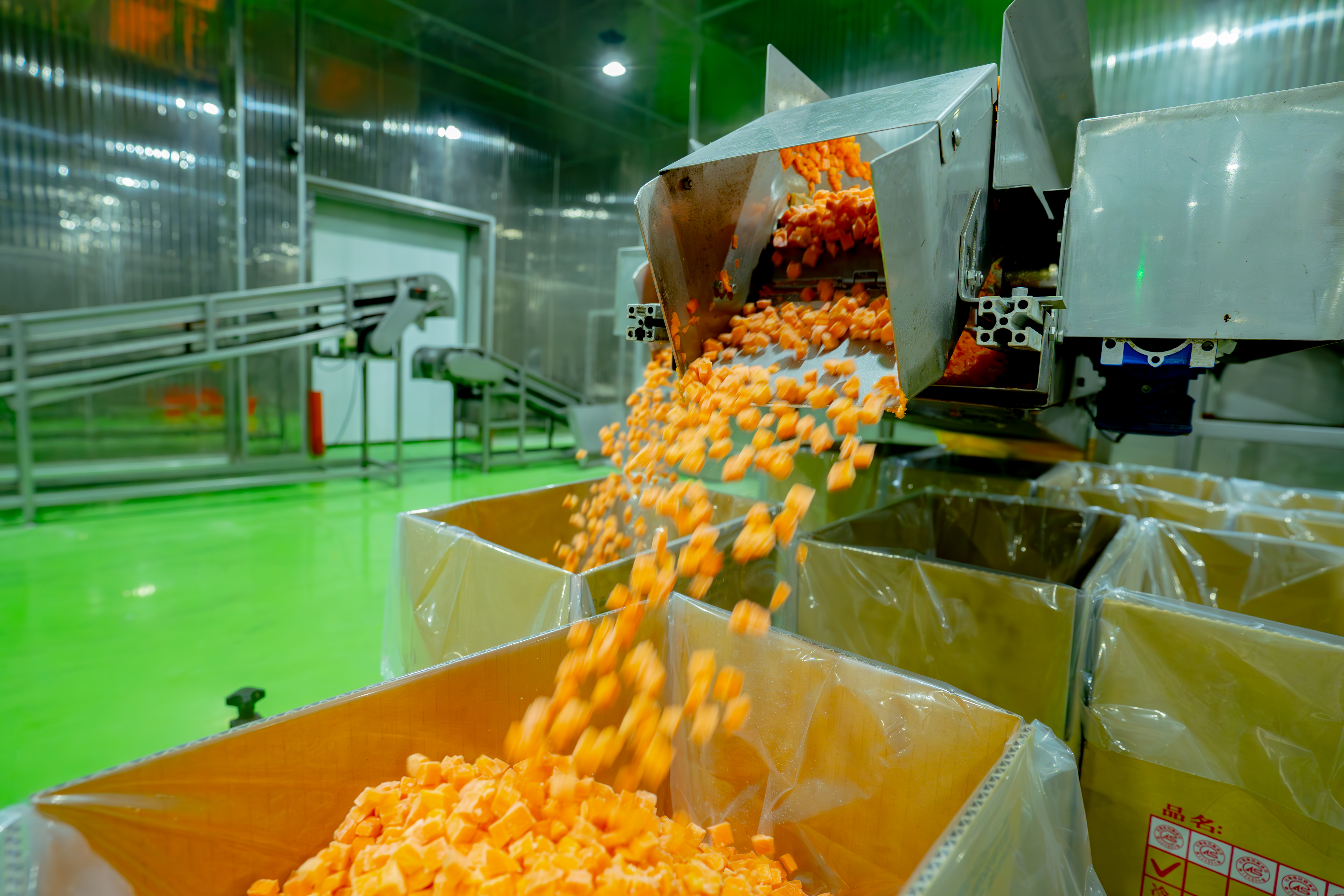 圖 急速冷凍後的胡蘿蔔丁秤重裝箱